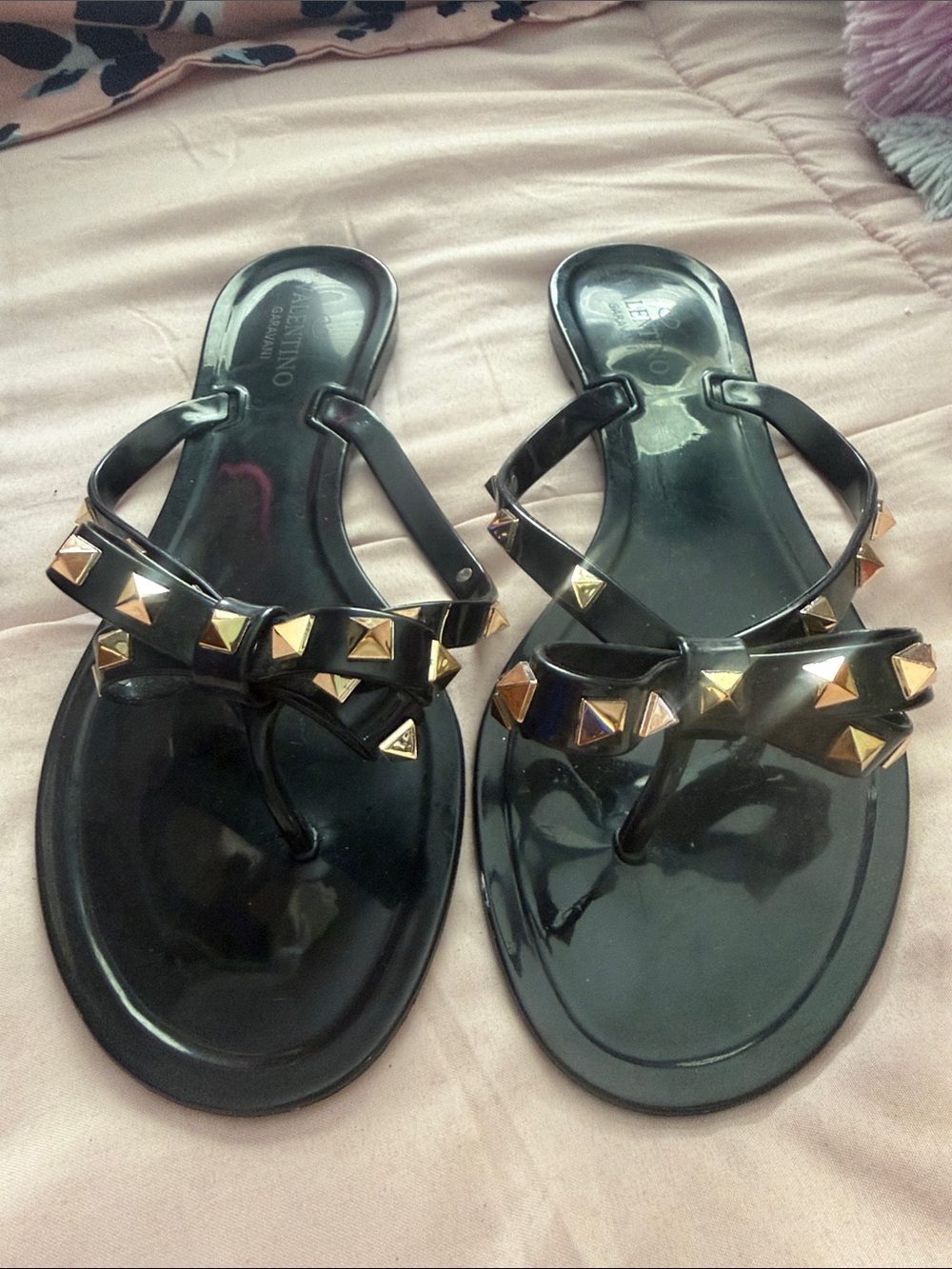 Black Studded Jelly Thong Sandals - Women's